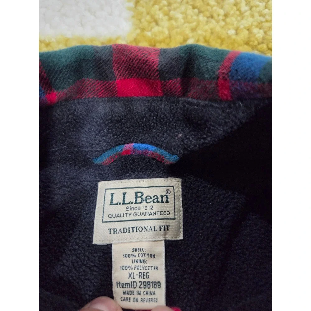 LL Bean Mens XL Plaid Flannel Shirt Jacket Fleece Lined Traditional Fit 298189